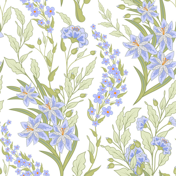 Vector floral seamless pattern with colorful summer plants and flowers. Gentl blue green herb background. - Вектор,изображение