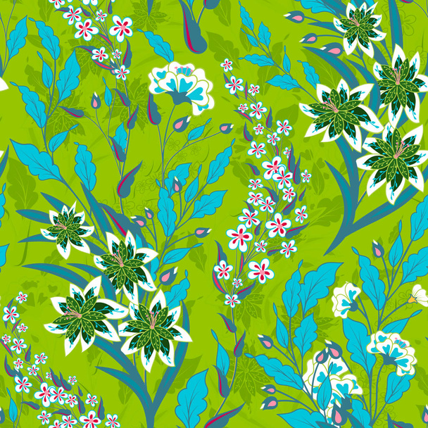 Vintage seamless floral pattern on a black background. Spring flowers and herb. Botanical vector illustration. Bright green and blue - Vektor, kép
