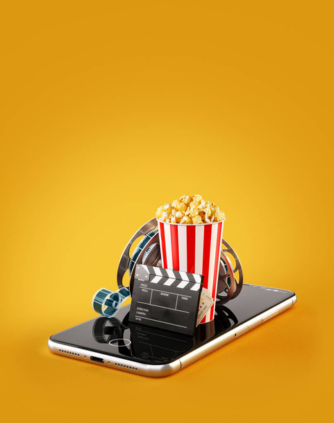 Smartphone application for online buying and booking cinema tickets. Live watching movies and video. Unusual 3D illustration of popcorn, cinema reel, disposable cup, clapper and tickets on smarthone - Foto, Imagem