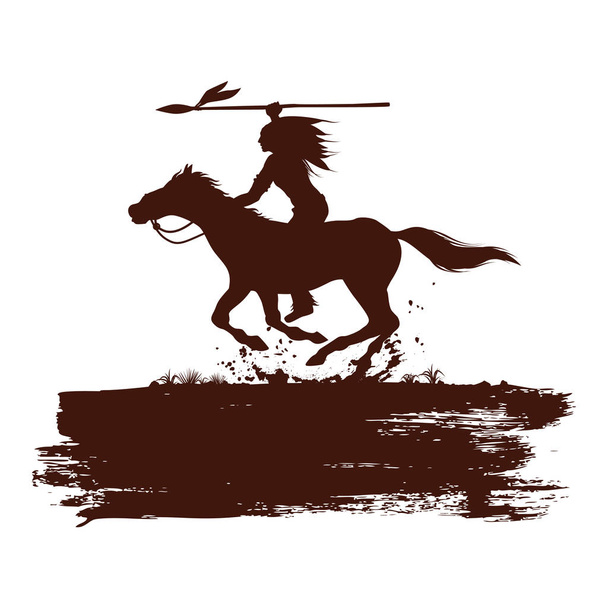 Silhouette of Native American Indian riding horseback with a spear, Vector - Vector, Image