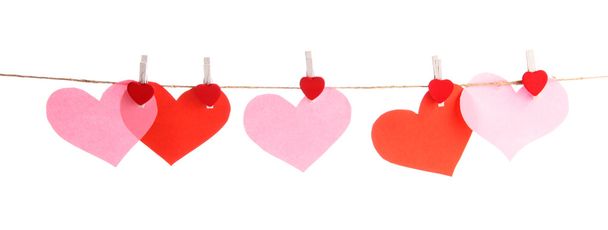 paper hearts and card on rope, isolated on white - Foto, immagini