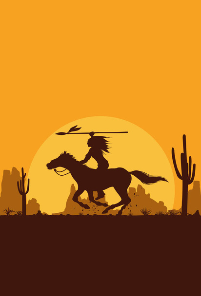 Silhouette of Native American Indian riding horseback with a spear, vector - Vector, Image