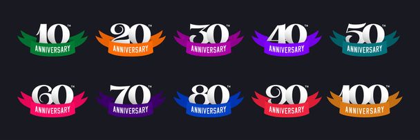 Set of anniversary signs from 10 to 100. Numbers and color ribbons on a dark background. Stock vector signs design elements. - Vector, Image