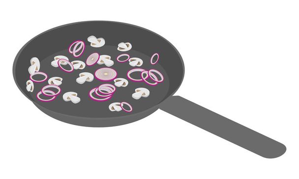 ψιλοκομμένο κρεμμύδι δαχτυλίδια σε κομμένα και μανιτάρια στο τηγάνι - Διάνυσμα, εικόνα
