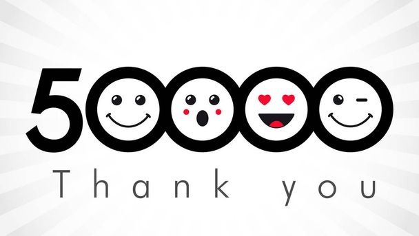 Thank you 50000 followers numbers. Congratulating black and white networking thanks, net friends image in two 2 colors, customers 50 000 likes, % percent off discount. Round isolated smiling people's faces. - Vector, Image