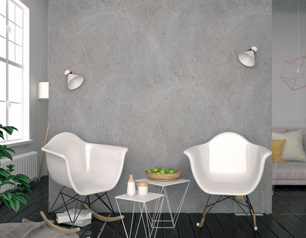 Modern interior with plastic chair. Wall mock up. 3d illustratio - Photo, Image
