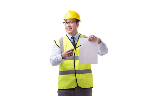 Construction supervisor with blank sheet isolated on white backg - Photo, Image