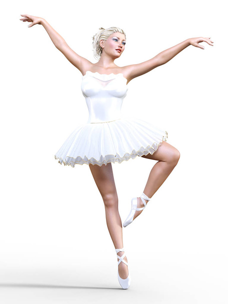 Dancing ballerina 3D. White ballet tutu. Blonde girl with blue eyes. Ballet dancer. Studio photography. High key. Conceptual fashion art. Render realistic illustration. White background. - Foto, Imagem