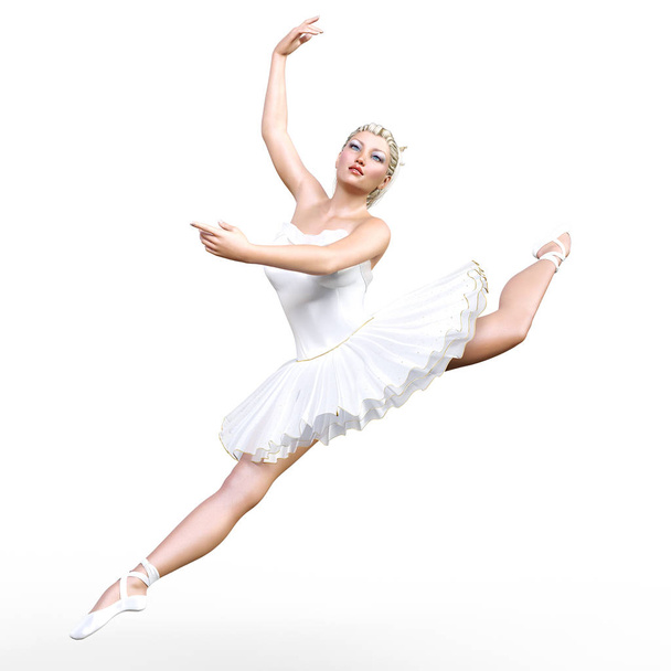Dancing ballerina 3D. White ballet tutu. Blonde girl with blue eyes. Ballet dancer. Studio photography. High key. Conceptual fashion art. Render realistic illustration. White background. - Φωτογραφία, εικόνα