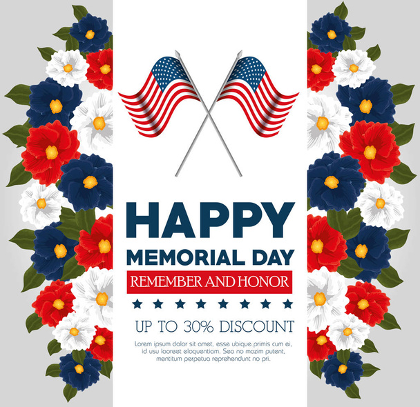 happy memorial day with beautiful flowers and usa flags - Vector, Image