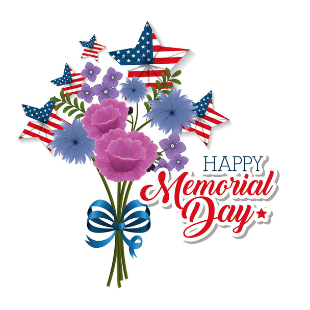 happy memorial day with beautiful flowers and usa flags - Vector, Image