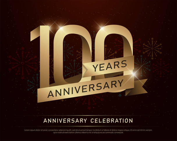 100th years anniversary celebration gold number and golden ribbons with fireworks on dark background. vector illustration - Vector, Image