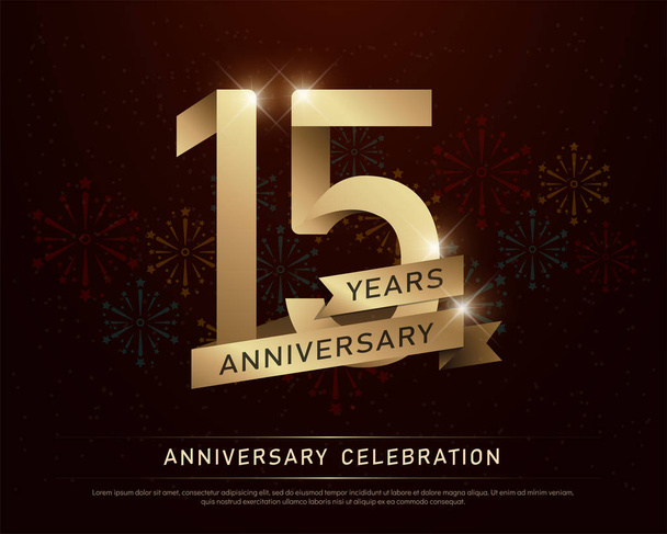 15th years anniversary celebration gold number and golden ribbons with fireworks on dark background. vector illustration - Vector, Image
