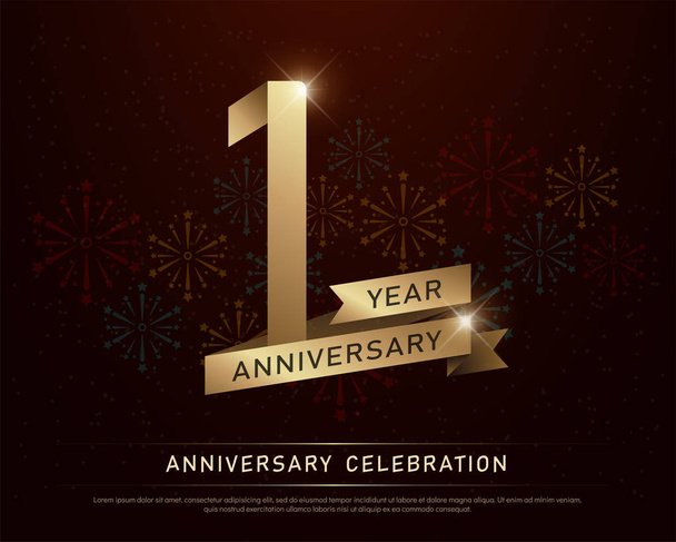 1st year anniversary celebration gold number and golden ribbons with fireworks on dark background. vector illustration - Vector, Image