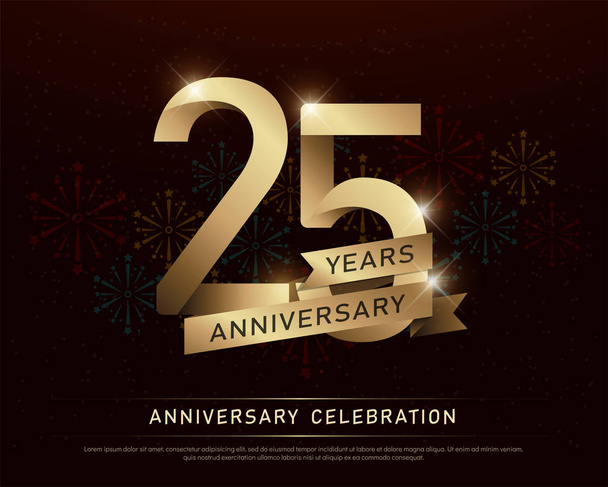 25º aniversario celebración número de oro y cintas de oro con fuegos artificiales sobre fondo oscuro. ilustración vectorial
 - Vector, Imagen