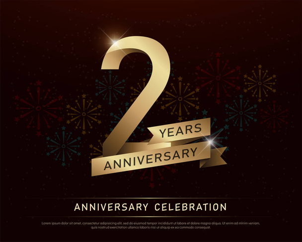 2nd years anniversary celebration gold number and golden ribbons with fireworks on dark background. vector illustration - Vector, Image