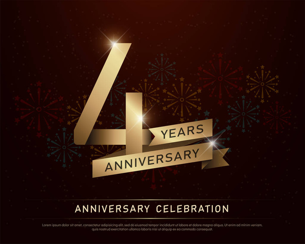 4. let výročí oslav zlaté číslo a Zlaté stuhy s ohňostrojem na tmavém pozadí. vektorové ilustrace - Vektor, obrázek