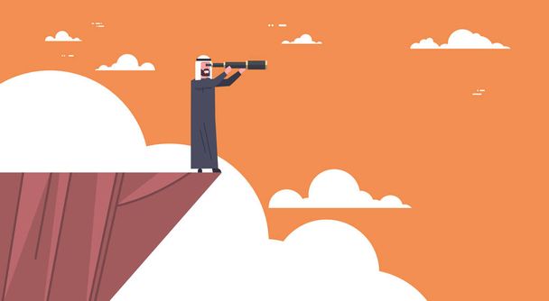 Arab Businessman Stand On Top Of Mountain With Telescope Looking For Success, Opportunities, Business Vision Concept - Vector, Image