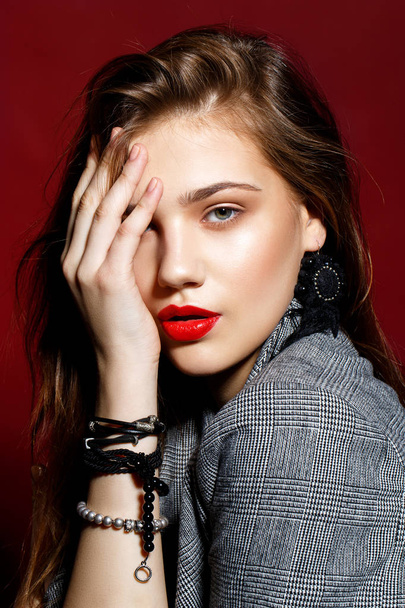 beautiful girl with red lips - Photo, Image
