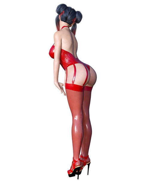 3D Beautiful sexy brunette girl red latex corset stockings.Minimalist extravagant clothes future.Woman studio photography.High heel.Conceptual fashion art.Seductive candid pose.Render illustration - Foto, afbeelding