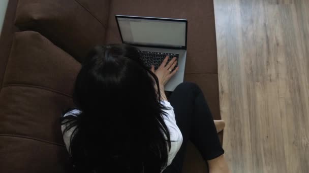 Jovem mulher usando laptop em casa sentado no sofá
 - Filmagem, Vídeo