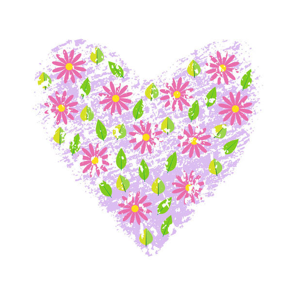 Spring flowers on heart grunge textured background. Vector illustration. - Wektor, obraz