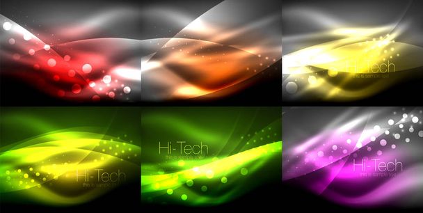 Набір фонів неонової хвилі зі світловими ефектами, пишні лінії з блискучими і блискучими точками, сяючі кольори в темряві, векторні магічні ілюстрації
 - Вектор, зображення