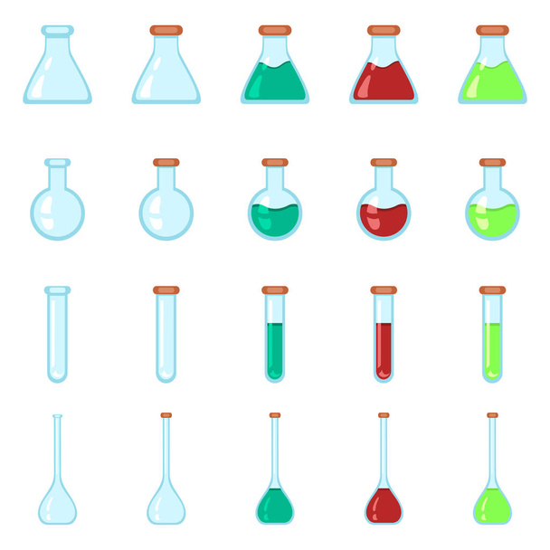 Vector Set van chemie Lab glaswerk plat pictogrammen. Leeg en met kleur vloeistoffen. - Vector, afbeelding