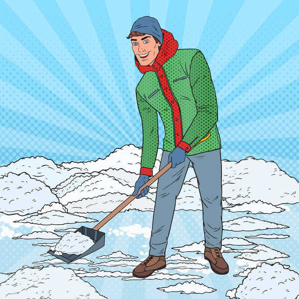 Поп-арт-людина очищає сніг з лопатою. Зимовий снігопад. Векторні ілюстрації
 - Вектор, зображення