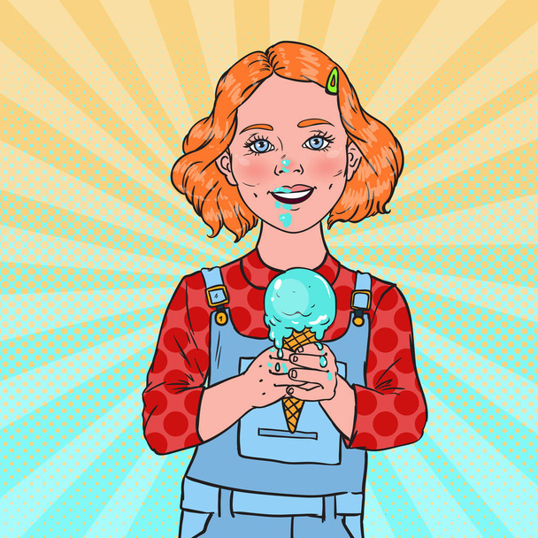 Поп-арт Маленька дівчинка їсть смачне морозиво. Мила щаслива дитина смакує холодний конус десерт. Векторні ілюстрації
 - Вектор, зображення