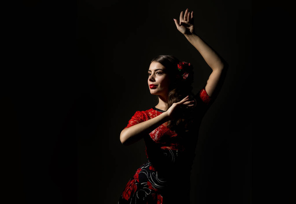 flamenco dancer on a dark background. free space for your text - 写真・画像