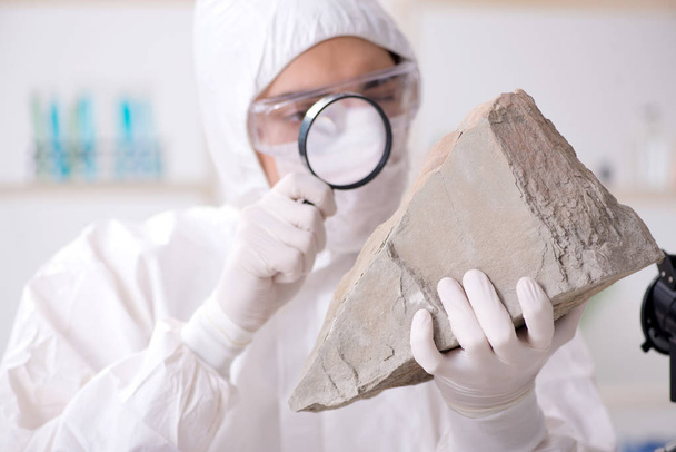 Científico mirando y muestras de piedra en laboratorio - Foto, imagen