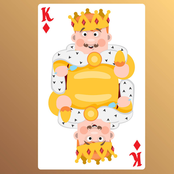 King of diamonds playing card with cartoon cute characters on beige background. - Vector, Image