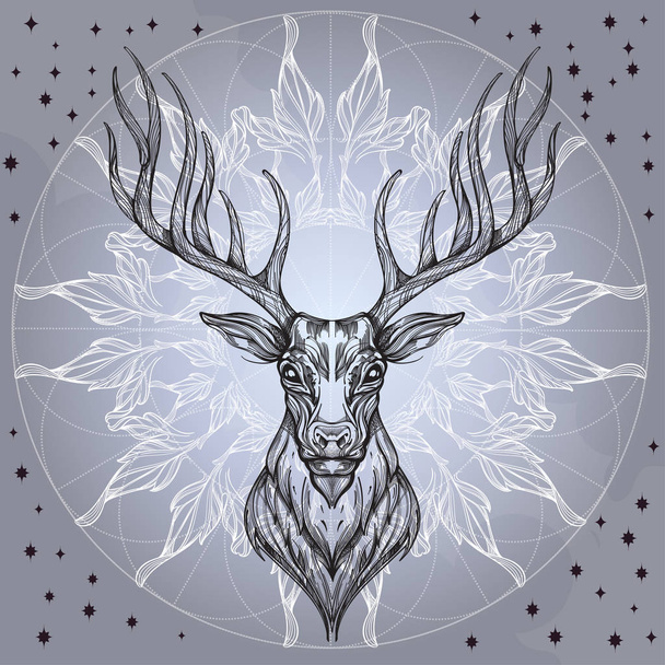 Deer head with decorative ornament of leaves on gray background. - Vector, Imagen