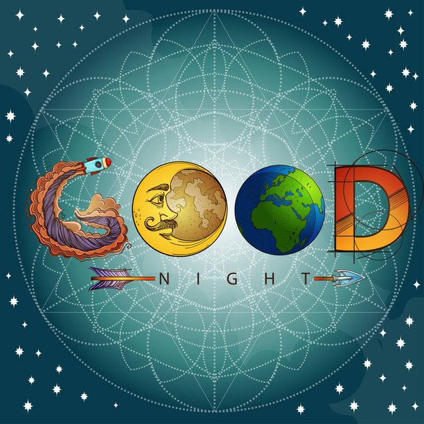 Gute Nacht mit Mond und Sternen auf blauem Hintergrund - Vektor, Bild