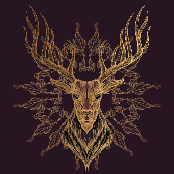 Deer head with decorative ornament of leaves on dark purple background. - Vector, afbeelding