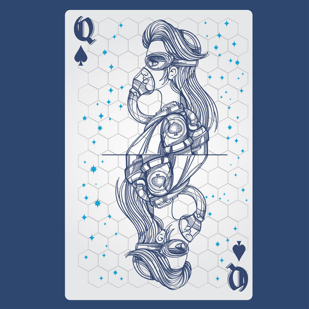 Королева піків грає в картку з оригінальним дизайном на тему простору
. - Вектор, зображення