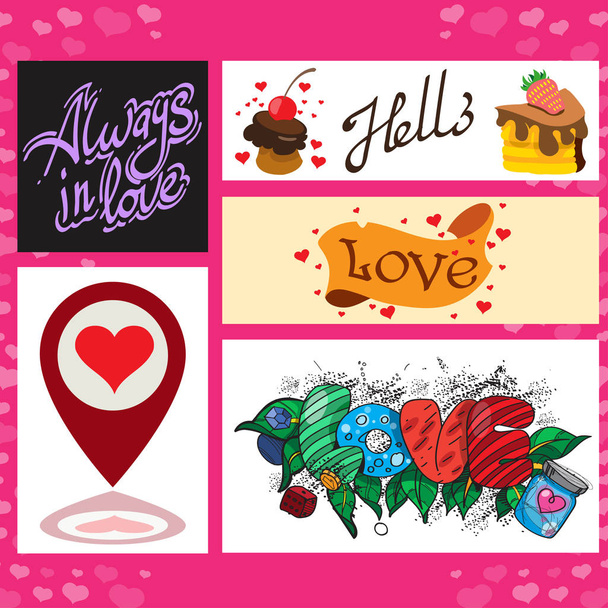Set di carte, striscioni e volantini per la decorazione e regali a San Valentino
. - Vettoriali, immagini