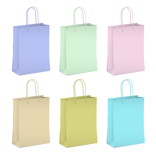 Six empty shopping paper bags in pastel colors - Vector, Imagen