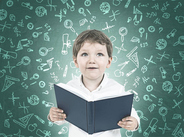 Χαριτωμένο μικρό αγόρι με ένα βιβλίο, προσχολικής ηλικίας - Φωτογραφία, εικόνα