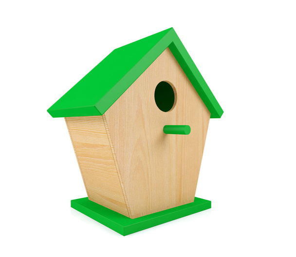 Casa de pájaros de madera con techo verde aislado sobre fondo blanco, representación 3D
  - Foto, imagen