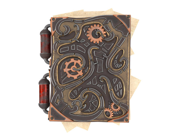 closed steampunk book with iron insets on isolated white background .3d illustration - Photo, Image