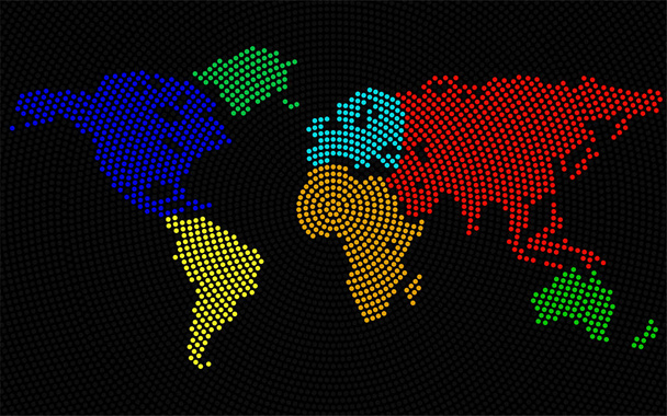 Abstrakti värikäs maailmankartta säteittäisistä pisteistä. Vektori
 - Vektori, kuva