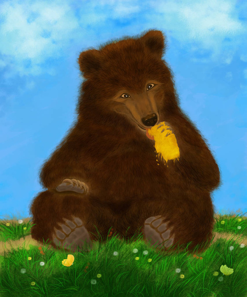 duży niedźwiedź brunatny, siedząc na trawie i jedzenie o strukturze plastra miodu  - Zdjęcie, obraz