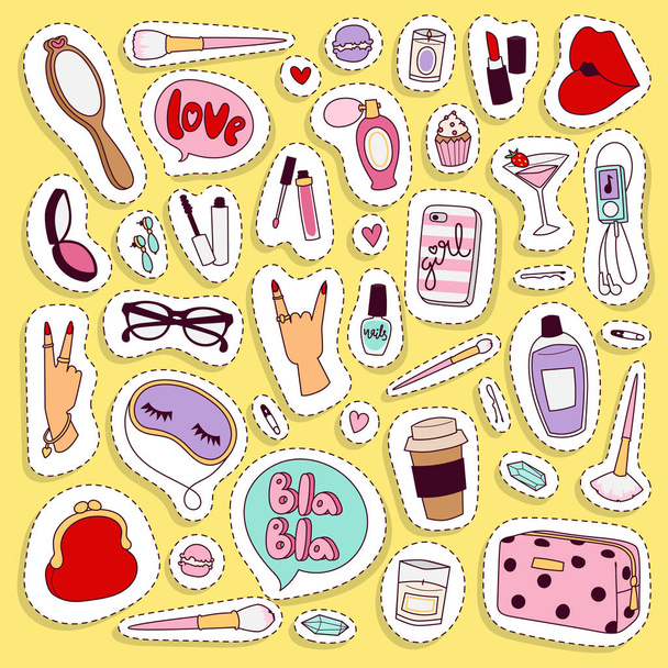Girl fashion symbols vector stickers patches cute colorful badges fun cartoon icons pony, horn horse, lips, love and kiss design doodle element trendy girl modern hipster icons print illustration - Vector, Image