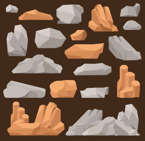 Πέτρες και τους βράχους σε στυλ διάνυσμα καρτούν μεγάλο κτίριο ορυκτό σωρό. Ογκόλιθος φυσικό βράχους και τις πέτρες γρανίτη τραχύ. Vector εικονογράφηση βράχια πέτρες φύση βουνά Γεωλογία κινούμενων σχεδίων υλικό - Διάνυσμα, εικόνα