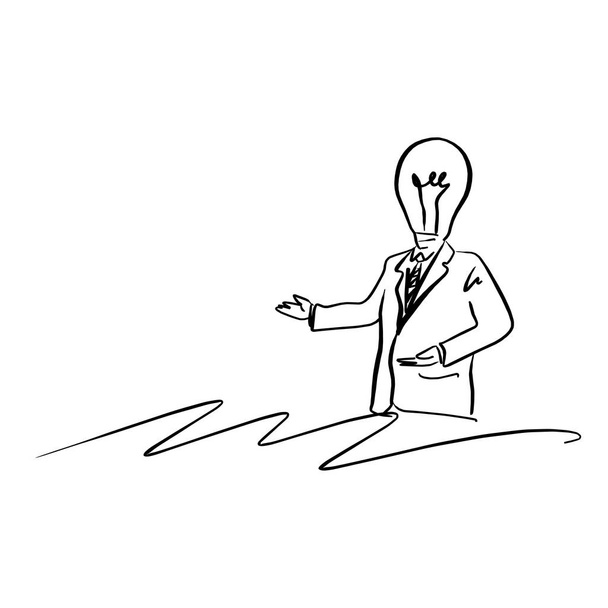 lampe chef homme d'affaires présentant quelque chose dessin vectoriel illustration à la main dessinée avec des lignes noires isolées sur fond blanc. Espace de copie
. - Vecteur, image