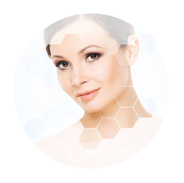Facial portrait of young and healthy woman in honeycomb mosaic. Plastic surgery, skin care, cosmetics and face lifting concept. - Photo, Image