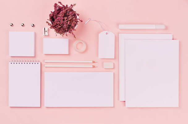 White branding stationery, mock up scene on light soft pastel pink background, blank objects for placing your design. - Photo, Image