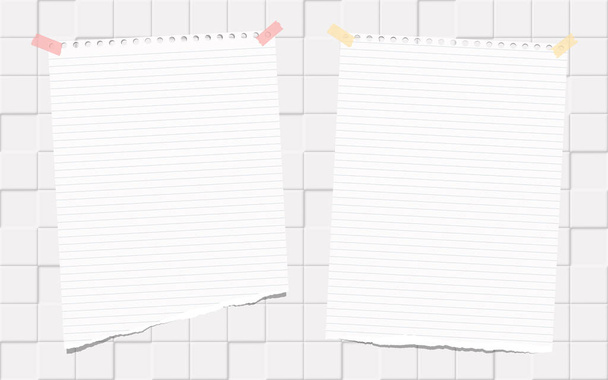 Torn blanco alineado nota, hojas de papel cuaderno para el texto, pegado en el fondo de azulejos cuadrados. Ilustración vectorial
 - Vector, Imagen